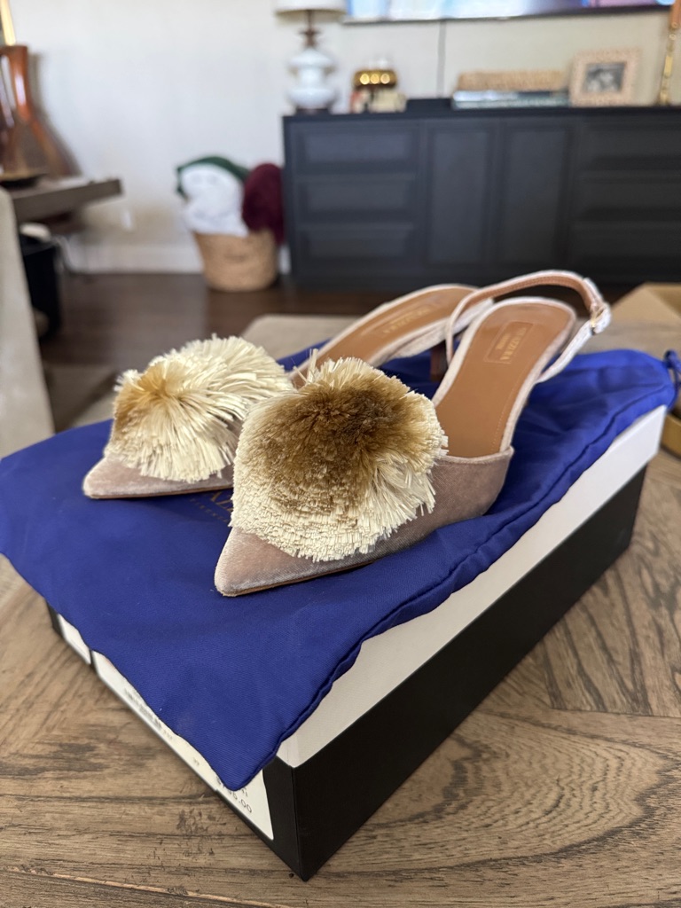 Aquazzura Beige Pom-Pom Slingback Pointed-Toe Flats